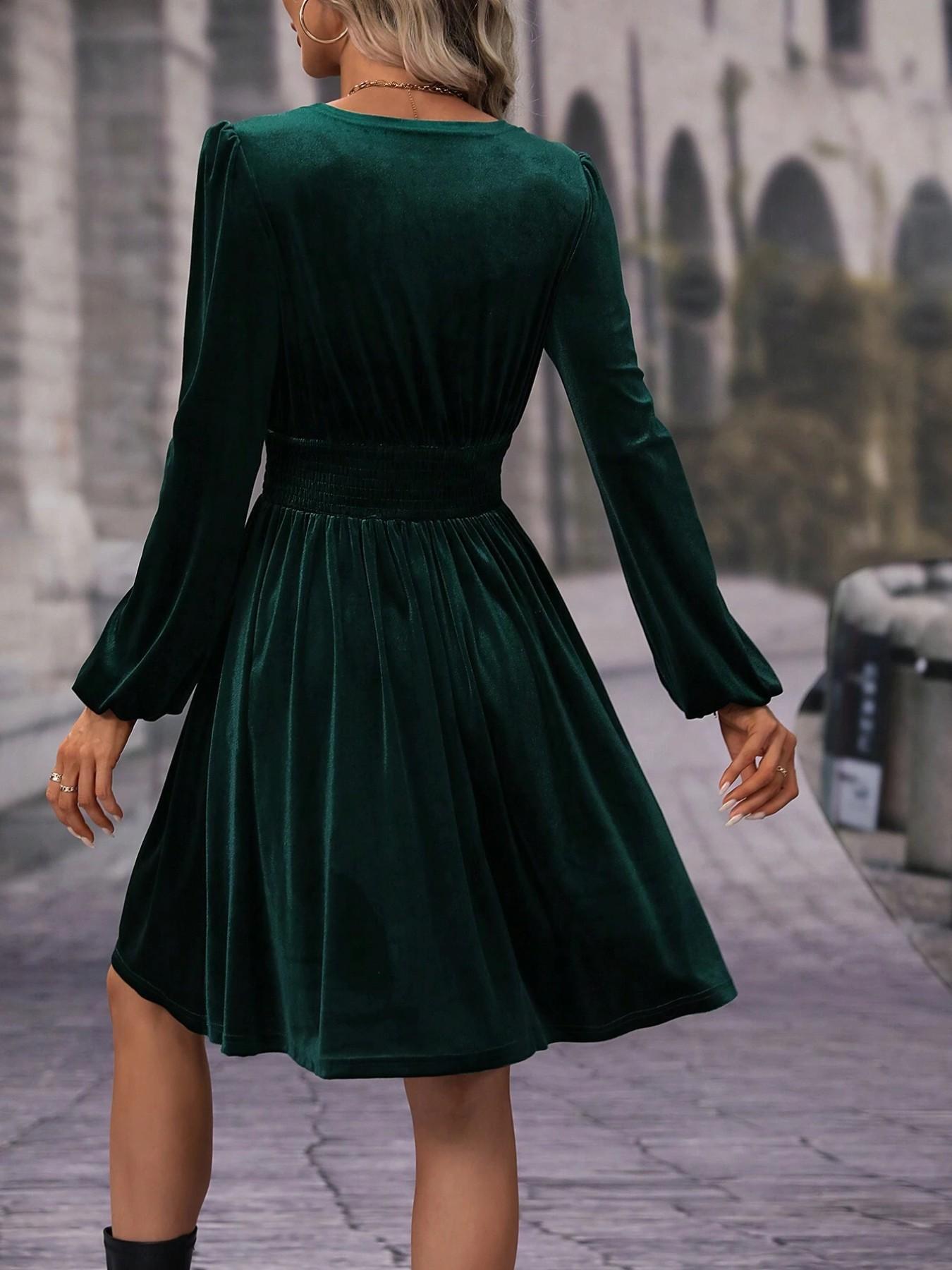 Velvet V Neck Long Sleeve Waist Cinching Solid Color Formal Party Dress, Spring Festival Perfect Choice, Fitted Versatile Elegant Short Skirt