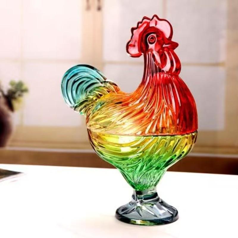 Premium Colored Rooster Shaped Glass Sealed Jar, Beautiful Crystal Candy Dried Fruit Container, Reusable Multipurpose Storage, Home Decor