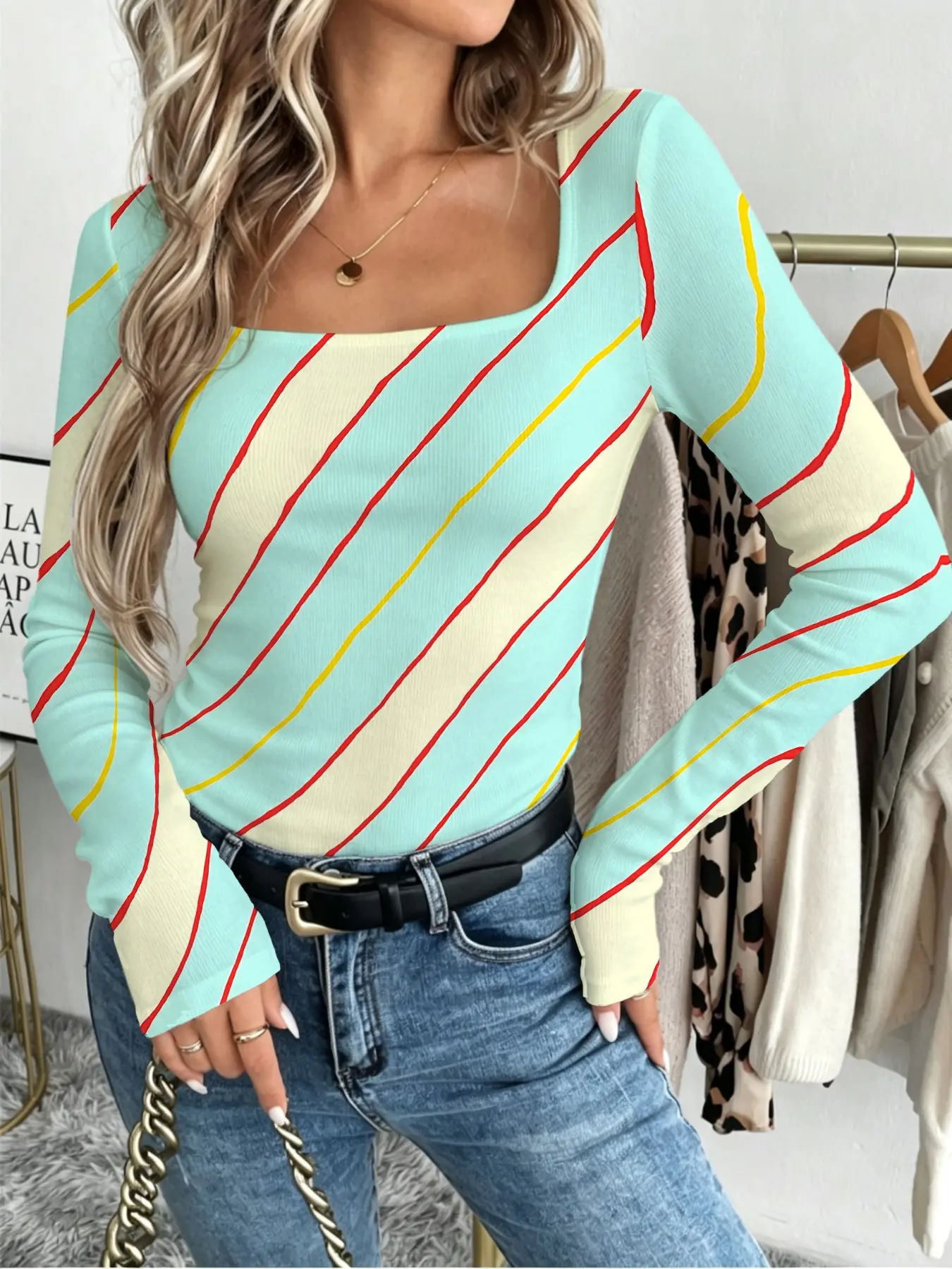 Mint Diagonal Stripe Square Neck Slim Fit Long Sleeve T-Shirt, Fresh Color Block Elastic Waist Women's Spring Summer Top