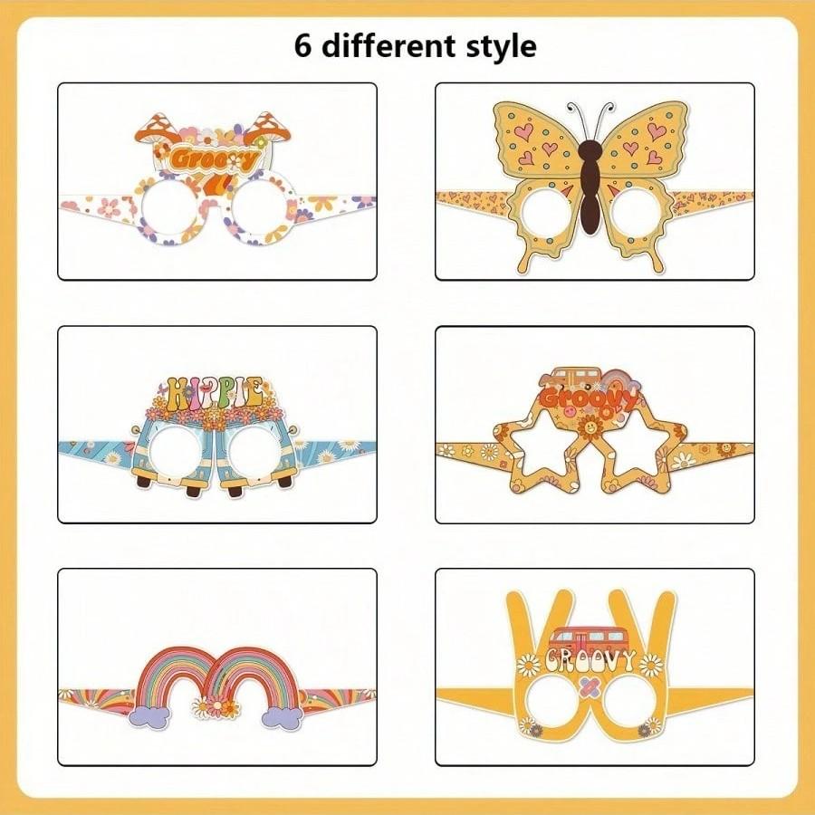 12 Pieces Hippie Theme Retro Paper Glasses, Fun Party Colorful Decorative Eyewear, Perfect for Birthday Vintage Party Decoration