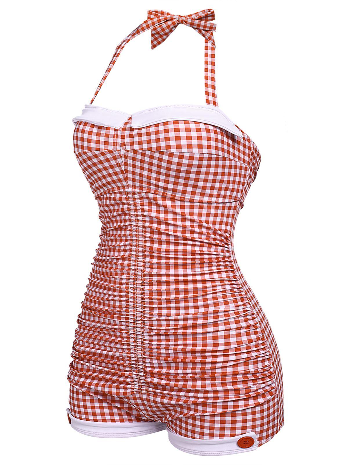 GINGHAM 1950S HALTER BOWKNOT ONE-PIECE WOMENSWEAR SWIMSUIT Swimoutfit Swimmingsuits