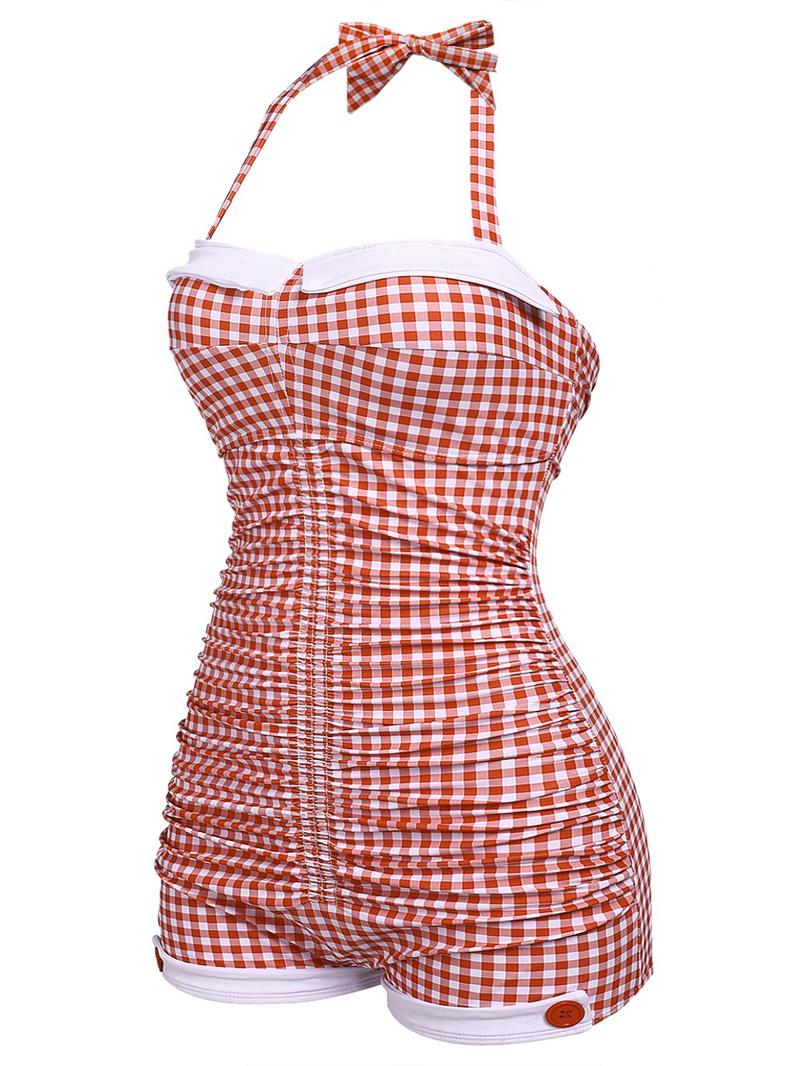 GINGHAM 1950S HALTER BOWKNOT ONE-PIECE WOMENSWEAR SWIMSUIT Swimoutfit Swimmingsuits