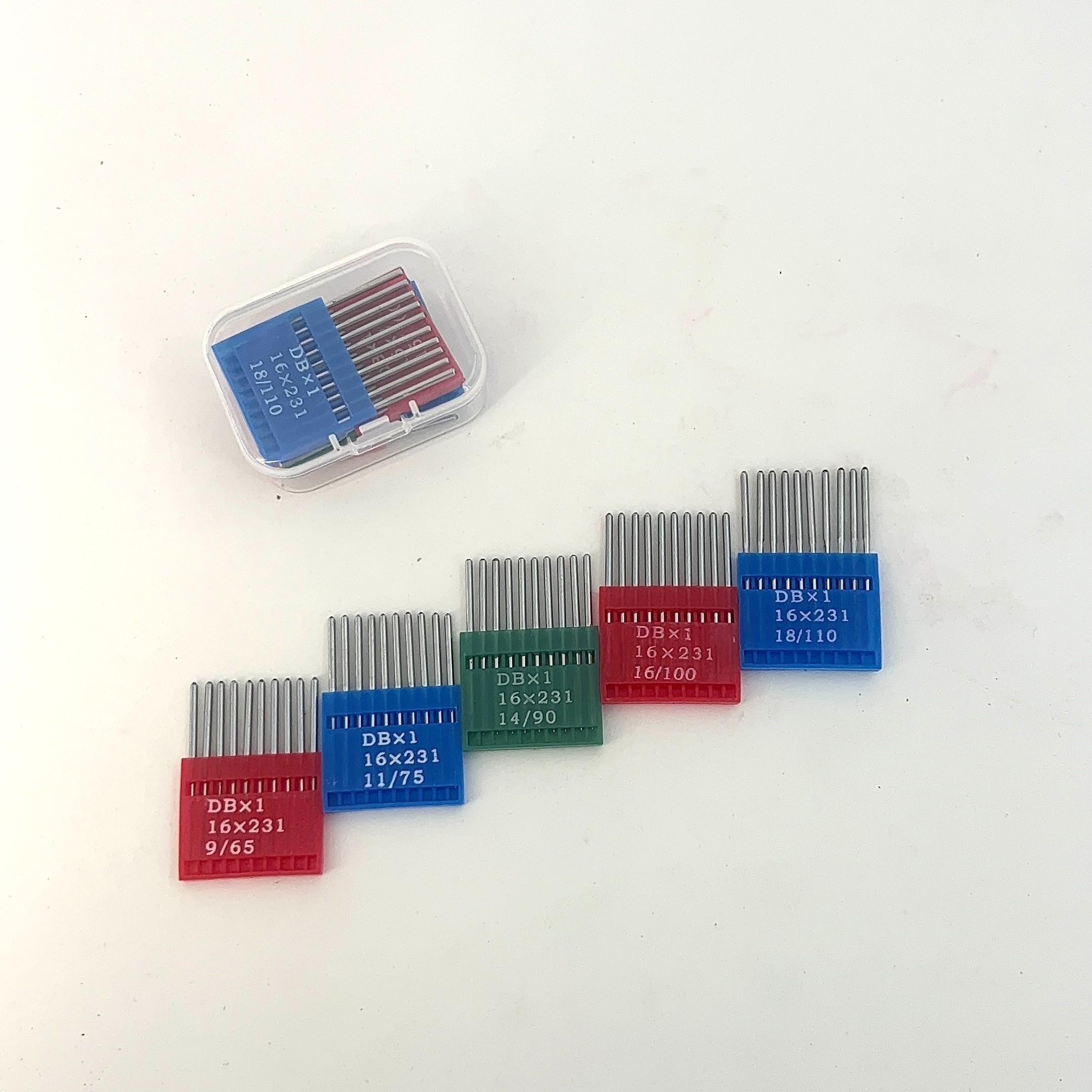 5 Packs of Db Sewing Machine Needles Size 9/65, 11/75, 14/90, 16/100, 18/110 with Transparent Storage Box, Durable Anti-Skip Function for Home and Industrial Use