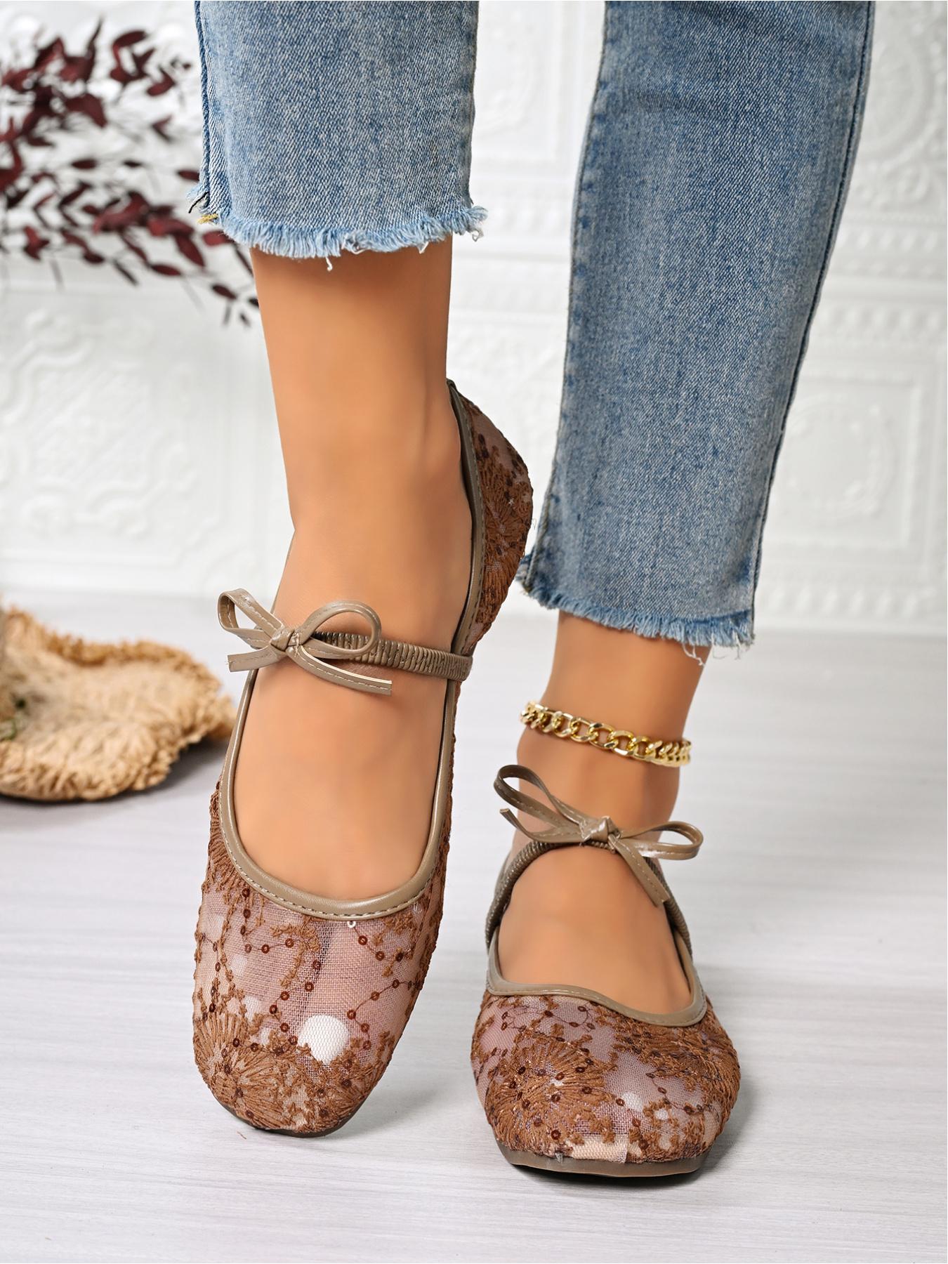 Women's Lace Mesh Mary Jane Flats, Bowknot Ballerina Shoes for Summer, Classic Ballet Flats, Casual Flat Footwear