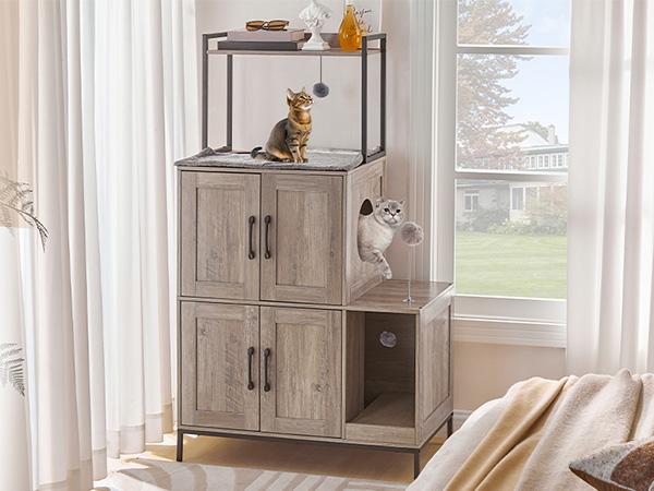 HOOBRO 2 in 1 Hidden Litter Box Furniture with Shelf, Double Litter Box Cabinet with 2 Dangling Plush Balls and 1 Toy Ball, Greige and Black Cat Litter Box Enclosure Furniture HOOBRO 2 in 1 Hidden Litter Box Furniture with Shelf, Double Litter Box Cabinet with 2 Dangling Plush Balls and 1 Toy Ball, Greige and Black Cat Litter Box Enclosure Furniture