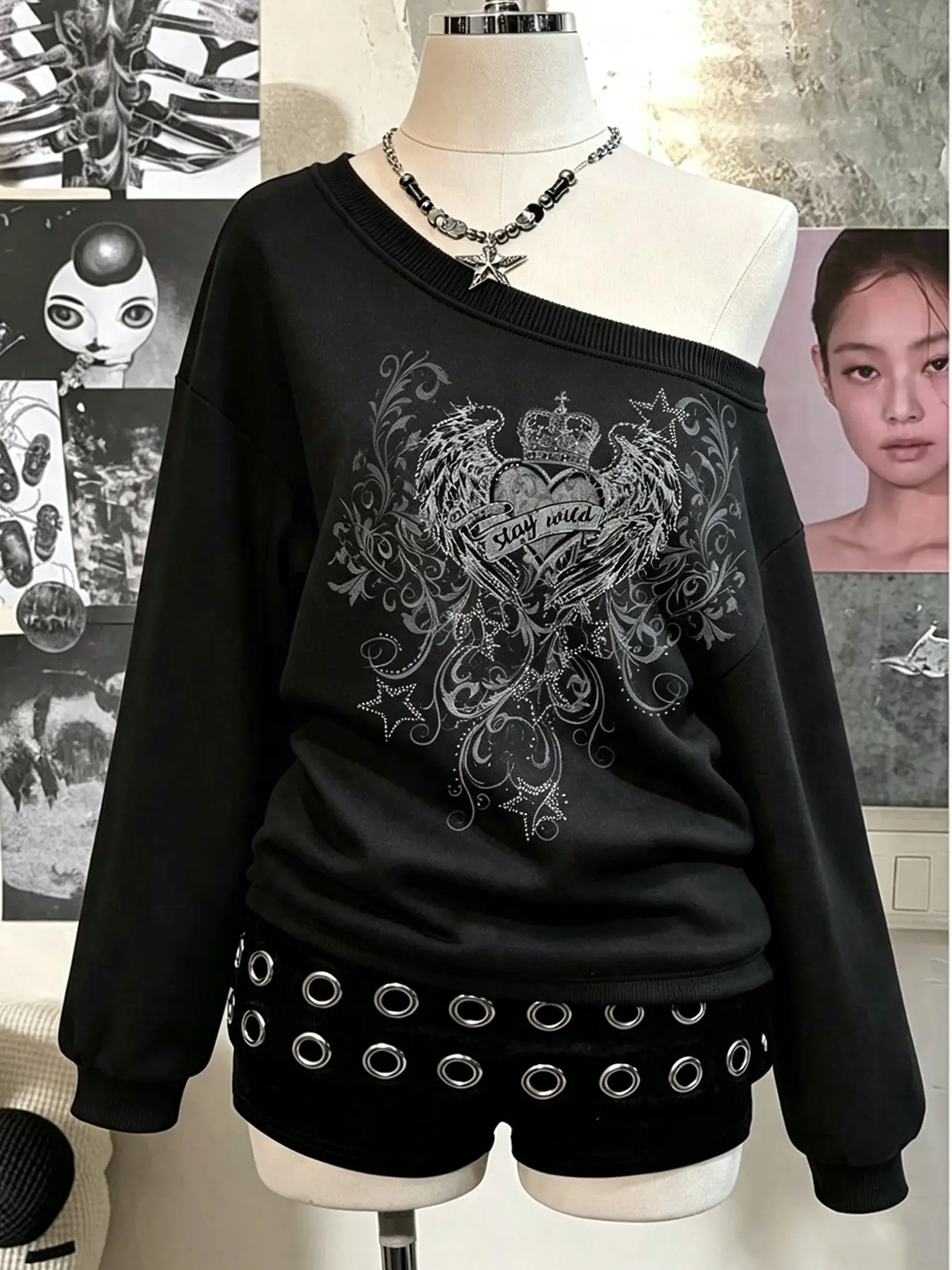 Casual Loose Heart Print Asymmetric Shoulder Long Sleeve Sweatshirt, Fitted Knit Top for Fall & Winter, Unlined Non-Outer Vest Style Fall Winter Knitwear