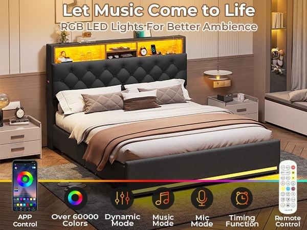 Sikaic Upholstered Platform Bed Frame with LED Lights & Charging Station Hidden Storage Headboard and 4 Drawers Linen Dark Grey