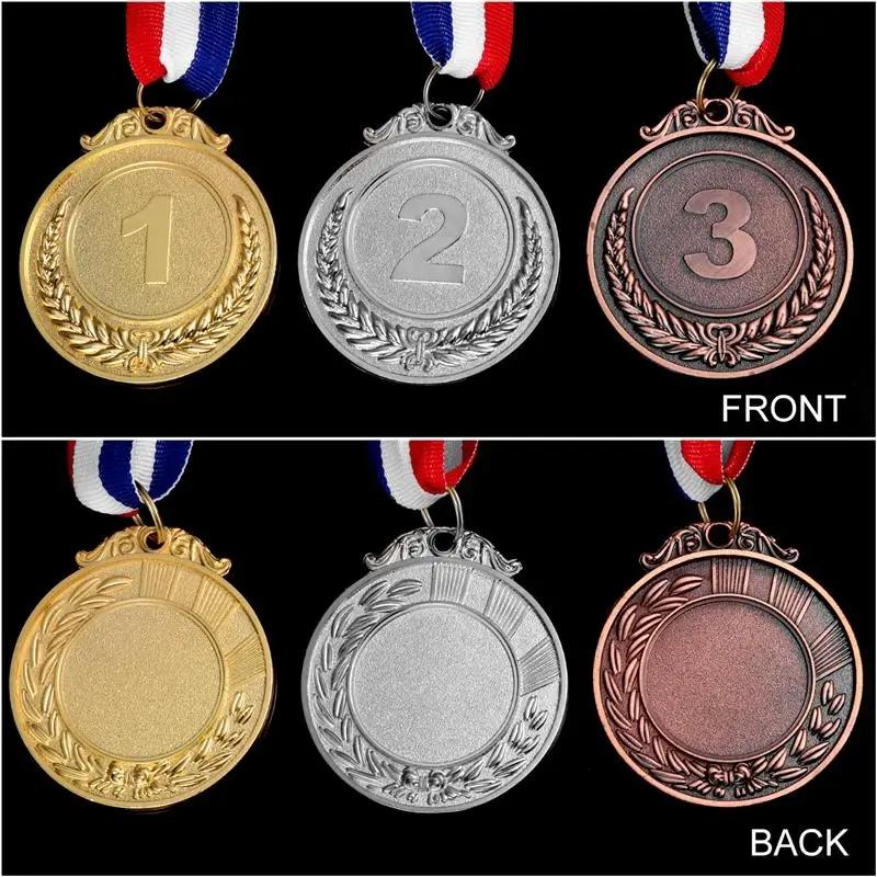 Gold Silver Bronze Metal Award Medals with Ribbon, Winner Ribbons for Olympics Sports Events, Set of 1-3 Pieces, Medals For Awards, Diameter 5.1 Cm