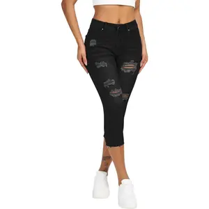 Women's Capri Jeans Ripped Stretch Denim Capris Mid Rise Skinny Cropped Pants