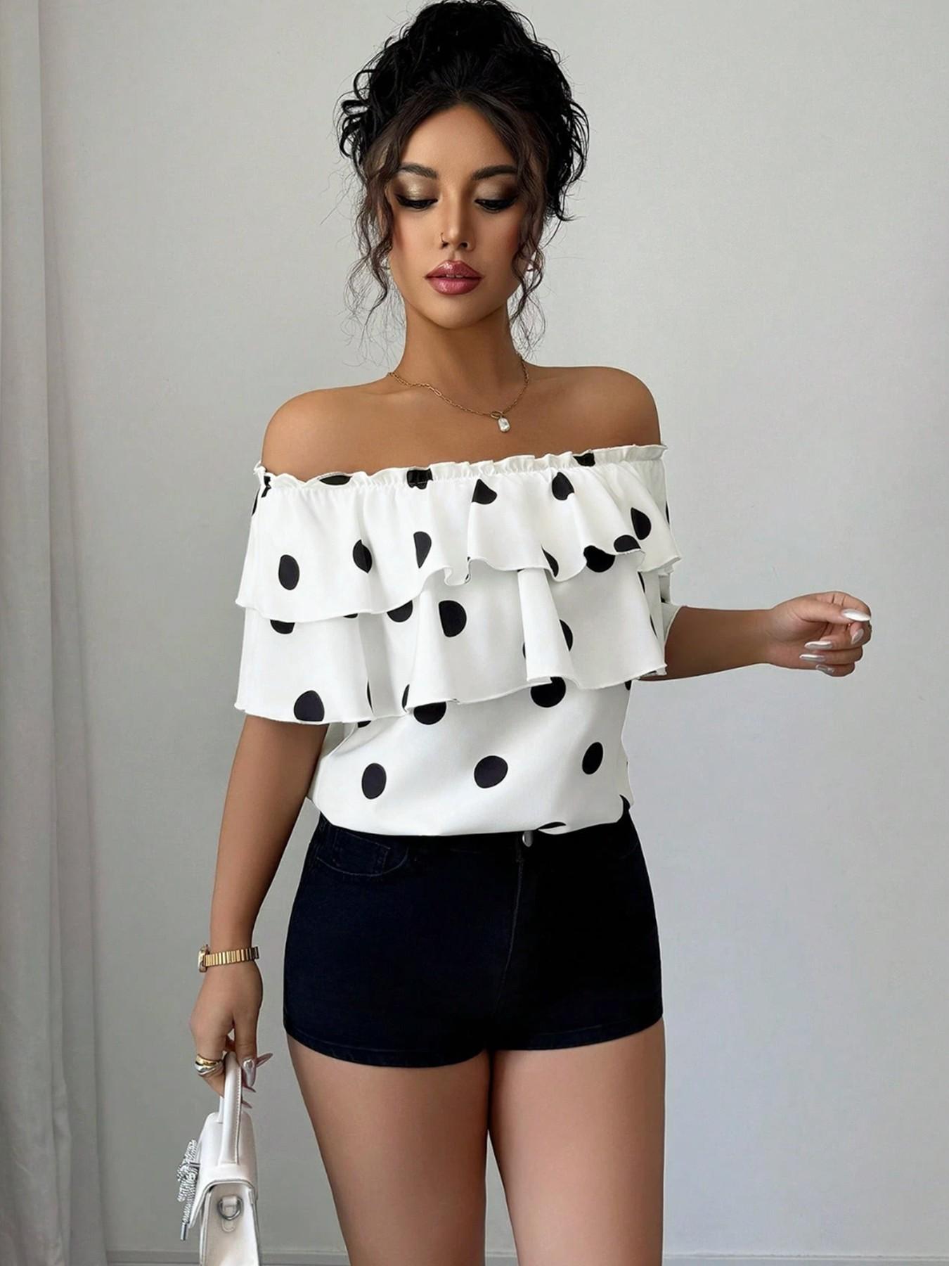 New Women's Polka Dot Top 2026, Casual Floral Print Layered Ruffled Shoulder Short Sleeve Shirt, Fashionable Ladies' Clothing