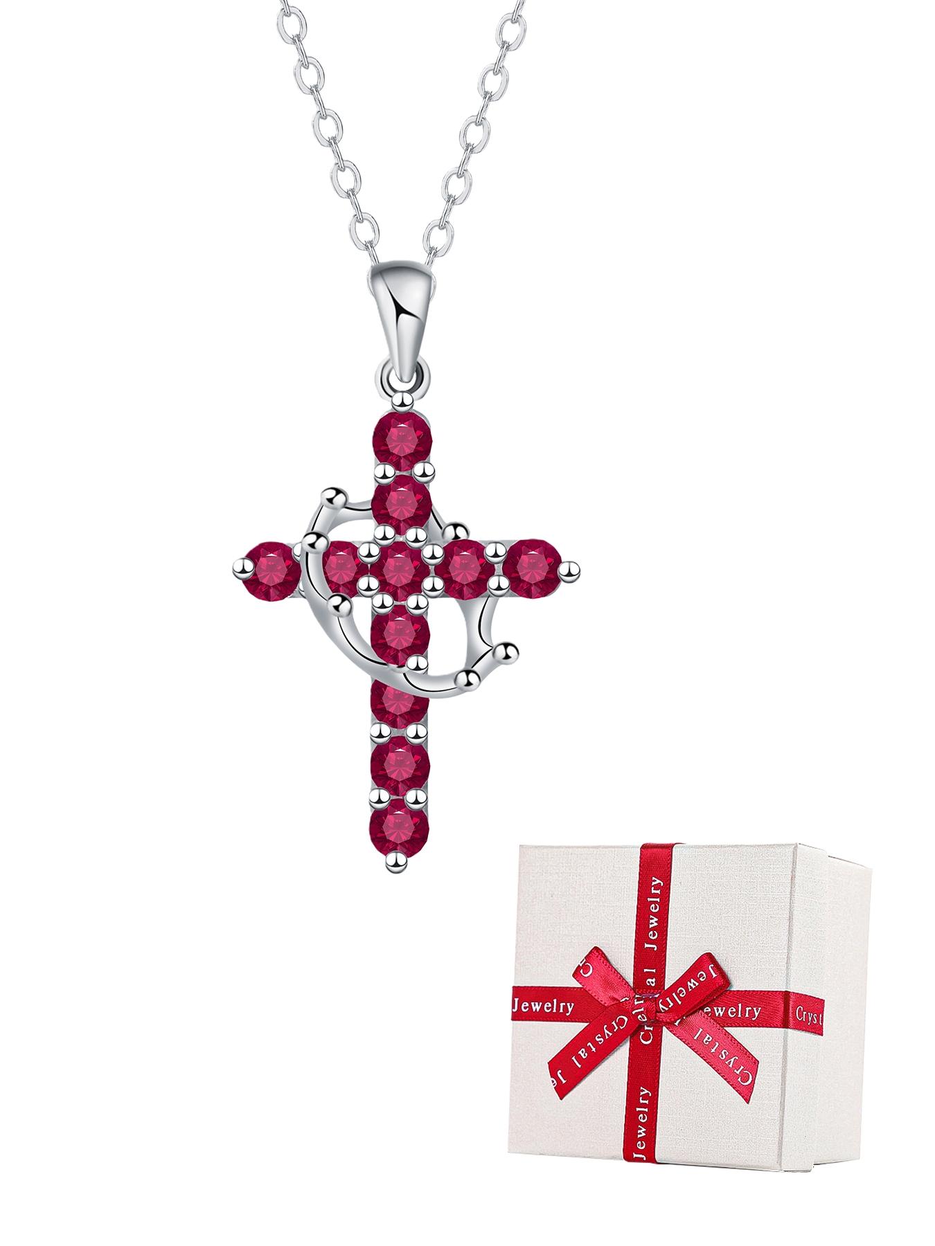 Women's Cz Birthstone Crown Cross Necklace Set, Colorful Fashion Pendant Exquisite Jewelry Gift Box, Christian Wife Mom Girlfriend Faith Present