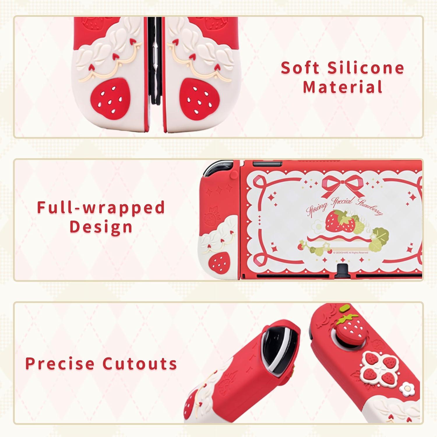 GeekShare Protective Case for Switch / OLED Slim Cover Console Accessories Compatible with Nintendo Switch Separable Soft Silicone Protective Shell for Joy Con with 2 Thumb Grip Caps-Strawberries with Cream