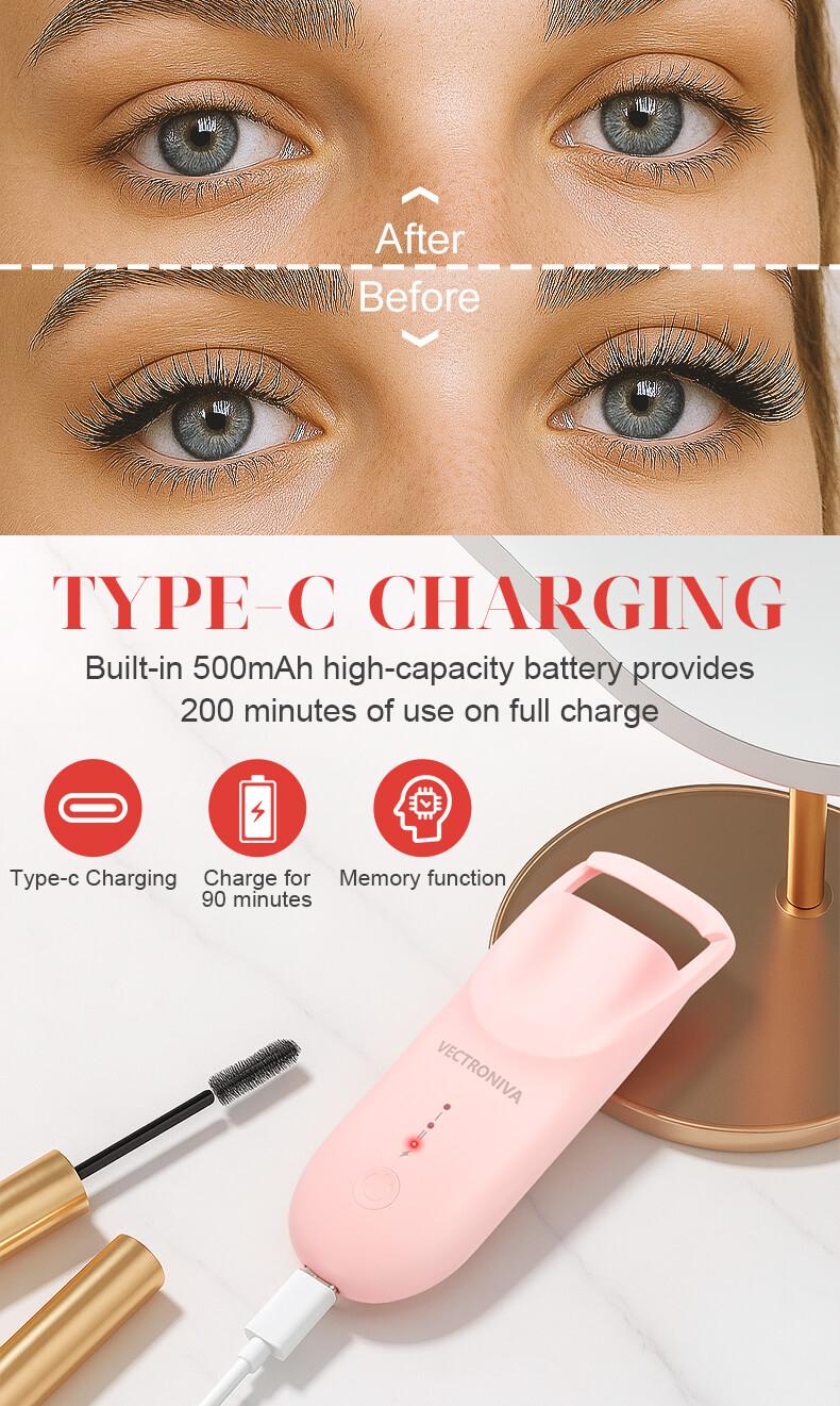 Vectroniva Heated Eyelash Curler – 2-Level Smart Temp Lash Lifter | Type-C Rechargeable, 10s Fast Heat, 24H Long-Lasting Natural Curl, Portable Travel Size