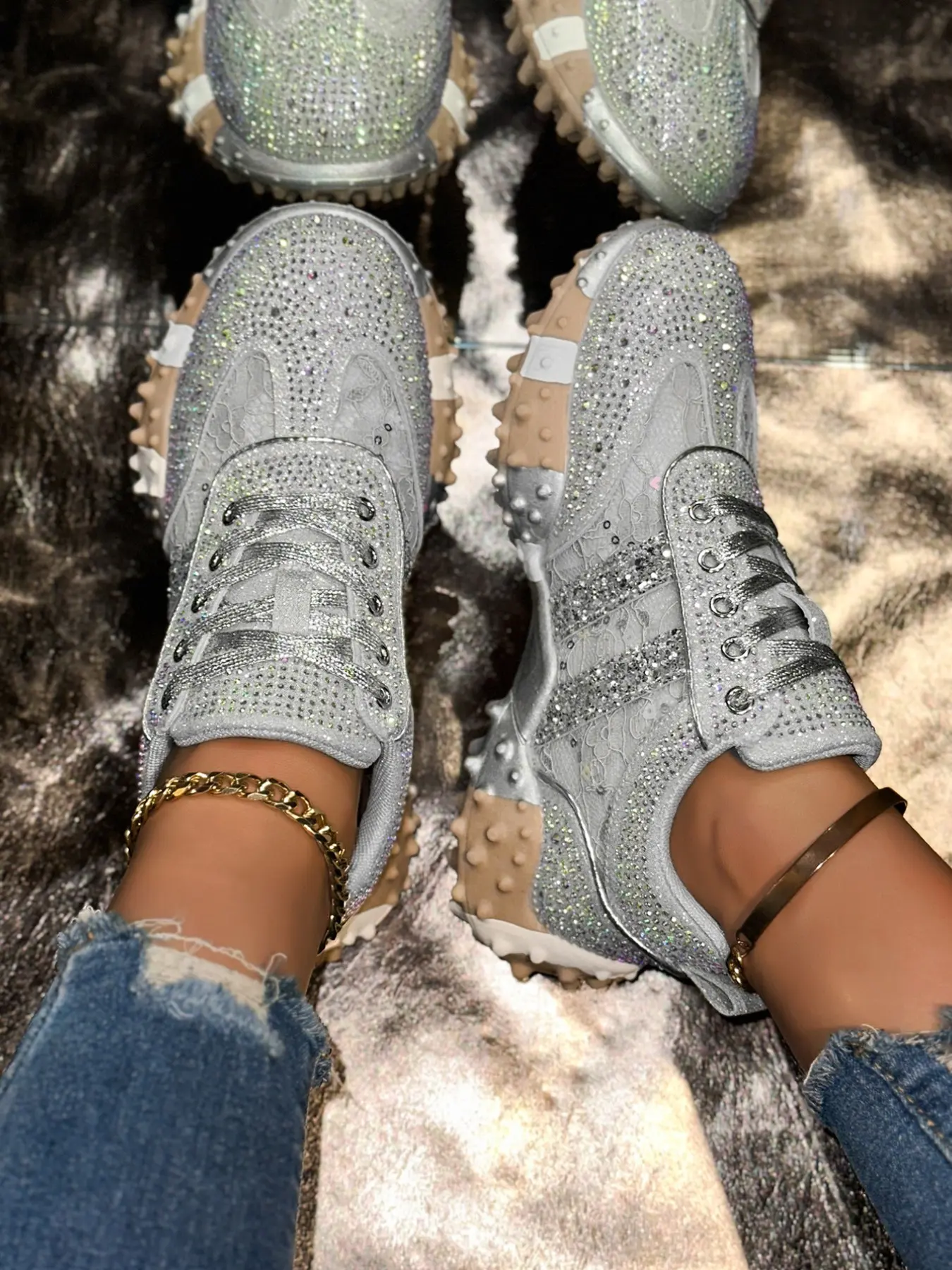 French Rhinestone Petal Dad Shoes for Women, Fashionable All-Seasons High Heel Anti-Slip Athletic Sneakers, Elegant Casual Travel Shoes
