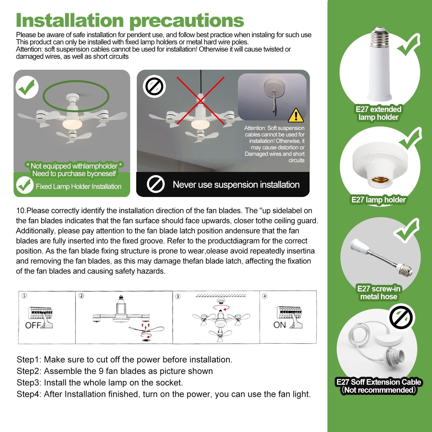 Ceiling Fan Light, E27 Socket, 3 Heads 9 Blades, Remote Control, Adjustable Brightness 3000k-6000k, 3 Speeds with Memory, Energy Saving