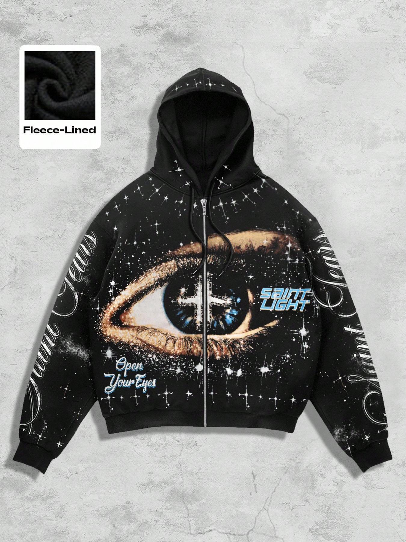 Saint Jesus Cross Eyes Men's Zipper Hoodie Sweatshirt, Y2K Style Cardigan Hoodie, Women's Starry Sky Print Punk Style Zipper Jacket, Graphic Print Hoodie, Music Festival