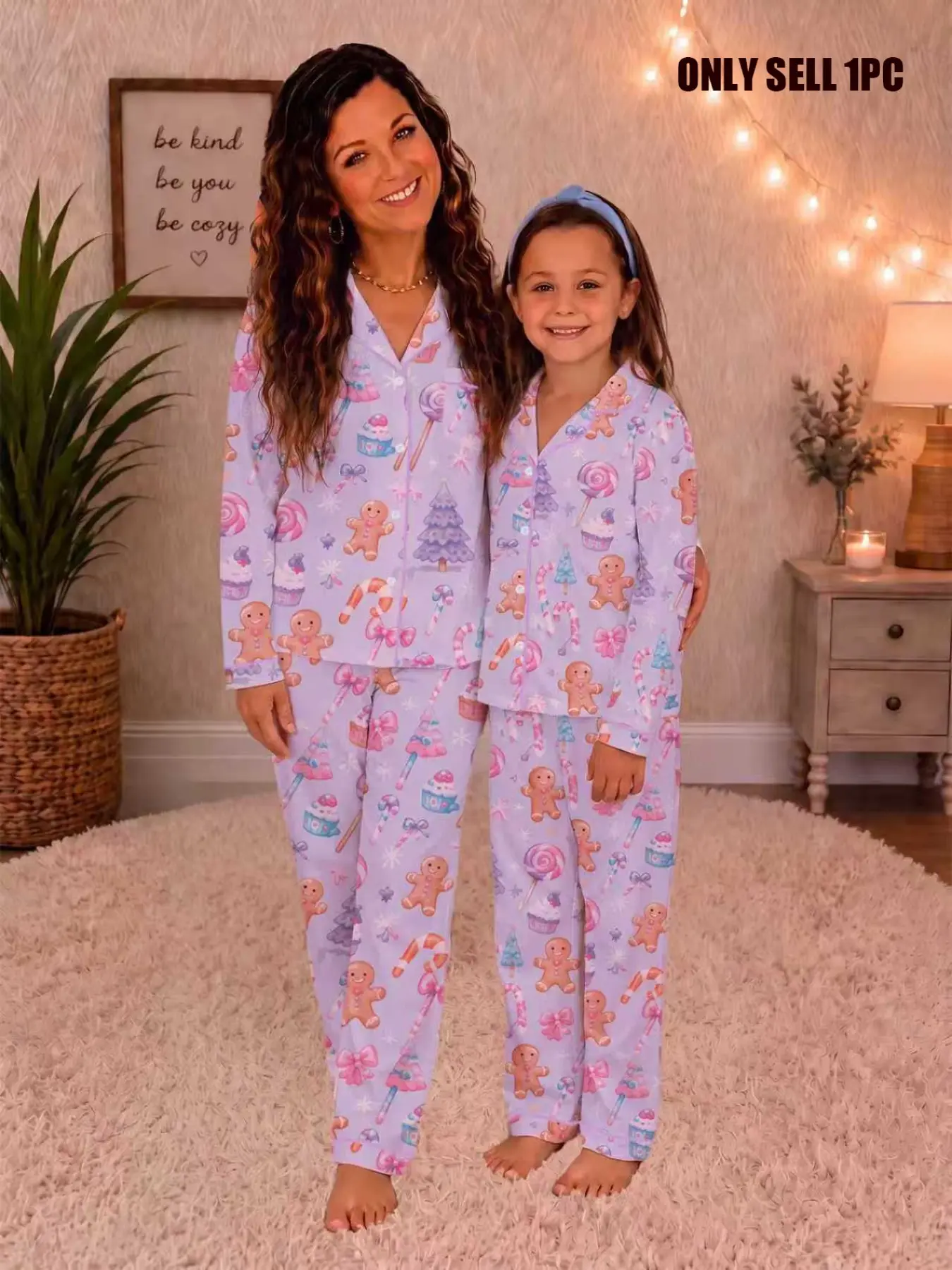 Family Matching Sweet Macaron Christmas Print Women's Pajama Set, Long Sleeve Button-Up Top and Elastic Pants, Comfortable Home Wear, Cute Christmas Pajamas