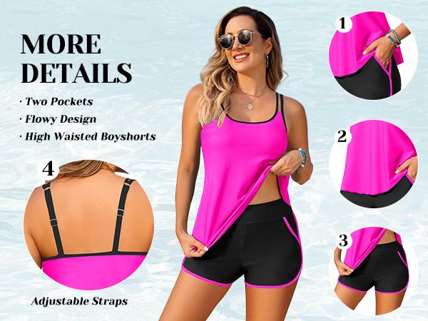 Tempt Me Tankini Swimsuits with Shorts - Two Piece Tummy Control Flowy Bathing Suits Top with Two Pockets Boy Shorts Tempt Me Tankini Swimsuits with Shorts - Two Piece Tummy Control Flowy Bathing Suits Top with Two Pockets Boy Shorts