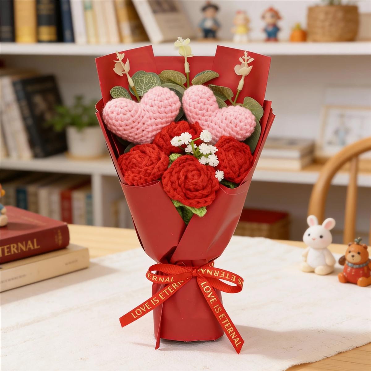 Handmade Knitted Yarn Artificial Flower Bouquet, Heart and Rose Flowers, Perfect Gift for Valentine's Day Mother's Day Thanksgiving