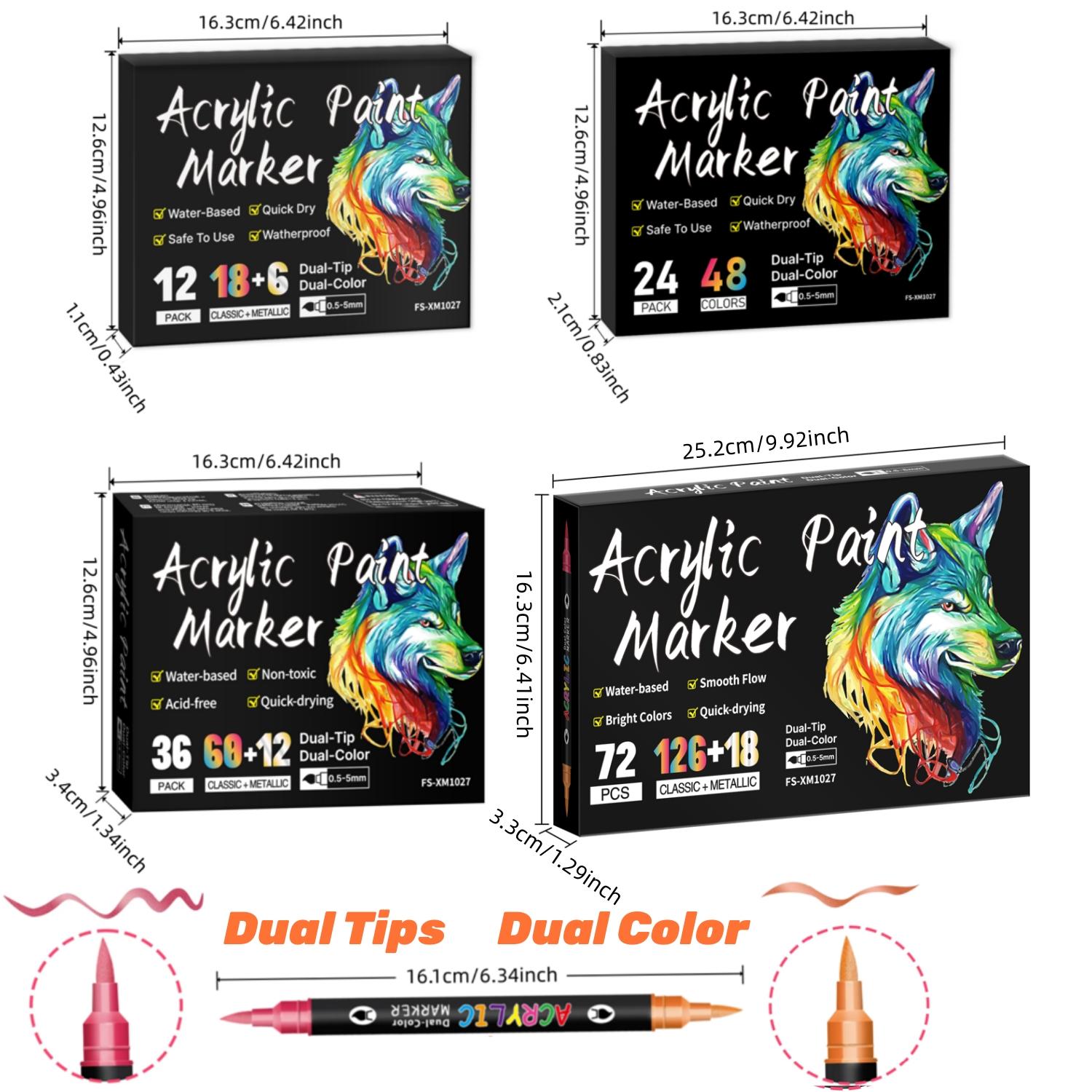 Acrylic Paint Markers, Dual tips Dual Color 24/48/72/144 Colors,Acrylic Paint Pens for Rock Painting, Canvas, Wood, Glass, Ceramic, Fabric, Plastic, Egg & Scrapbook. Soft Brush Tips Paint Pens and Paint Markers, Art Marker Set, Art Craft Supplies