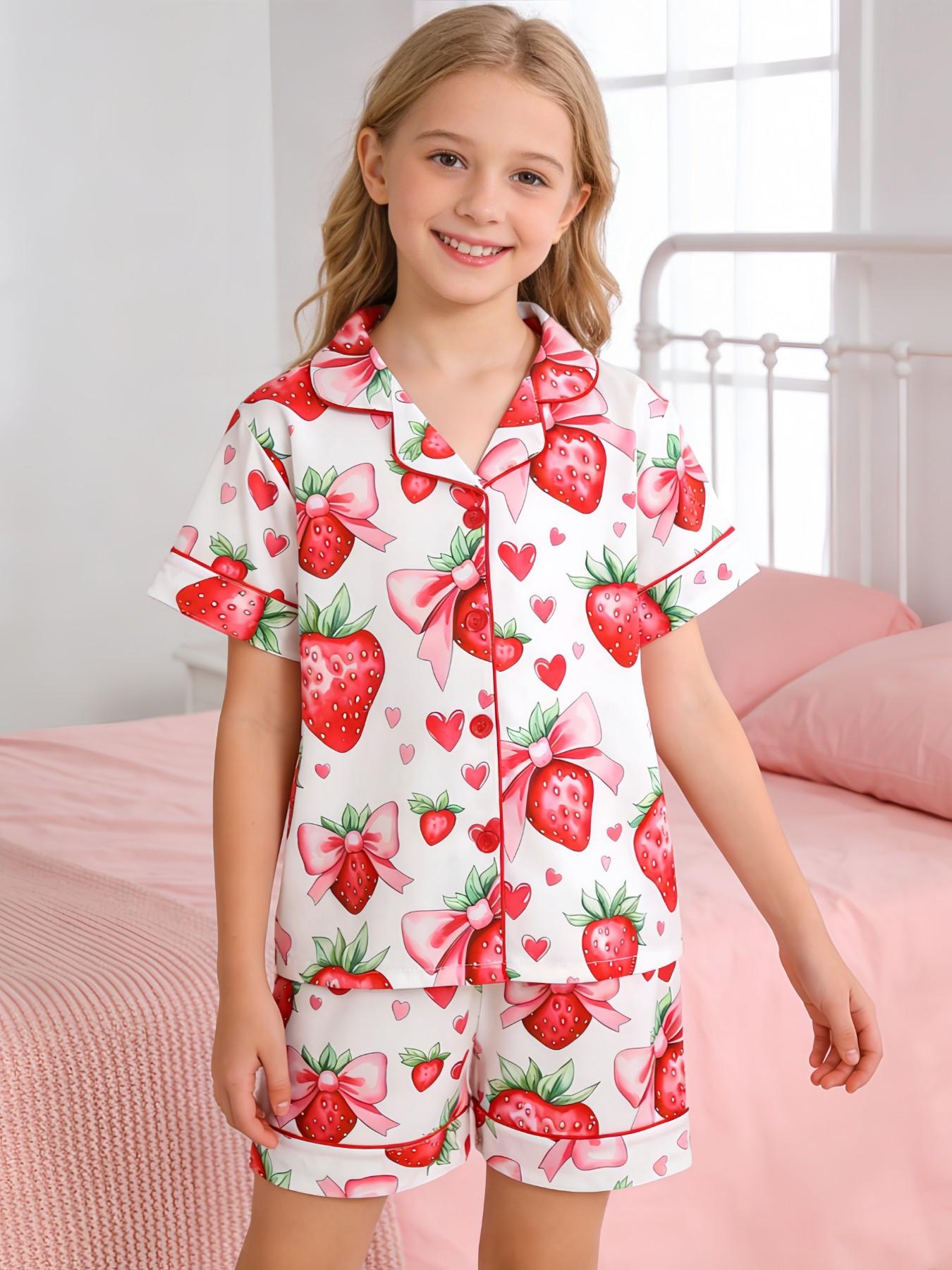 2-Piece Kids Pajama Set, Casual Strawberry Bow Heart Pattern, Fashion Open-Cardigan Short Sleeve Top and Shorts, Flame-Retardant Knit, All Seasons