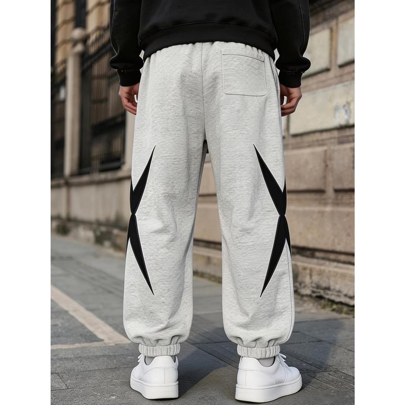 Male Loose-Fit Polyester Work Trousers - Sports & Outdoor Joggers with Elastic Waist, Bold Stitches, Asymmetrical White Stitching, Plaid Pattern, Non-Restrictive All-Day Comfort