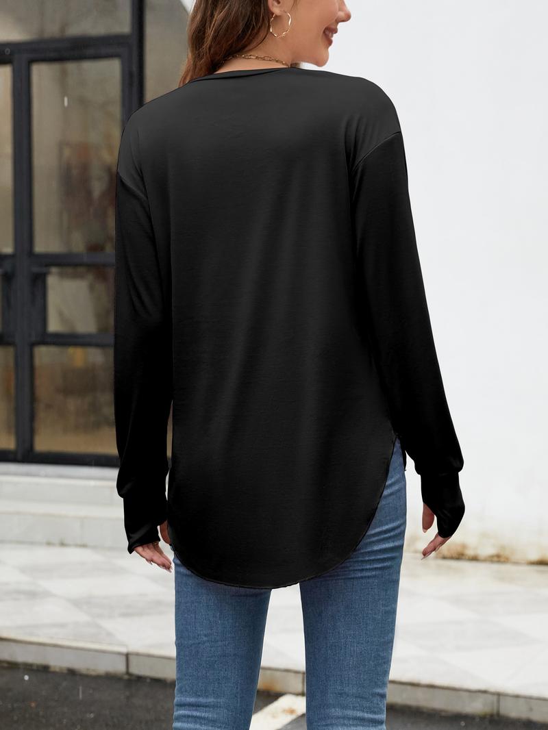 Renaishow Womens Deep V Neck Tunic Tops Long Sleeve Oversized Casual Loose Fit Curved Hem T Shirts with Thumb Holes Blouses Light Breathable Solid