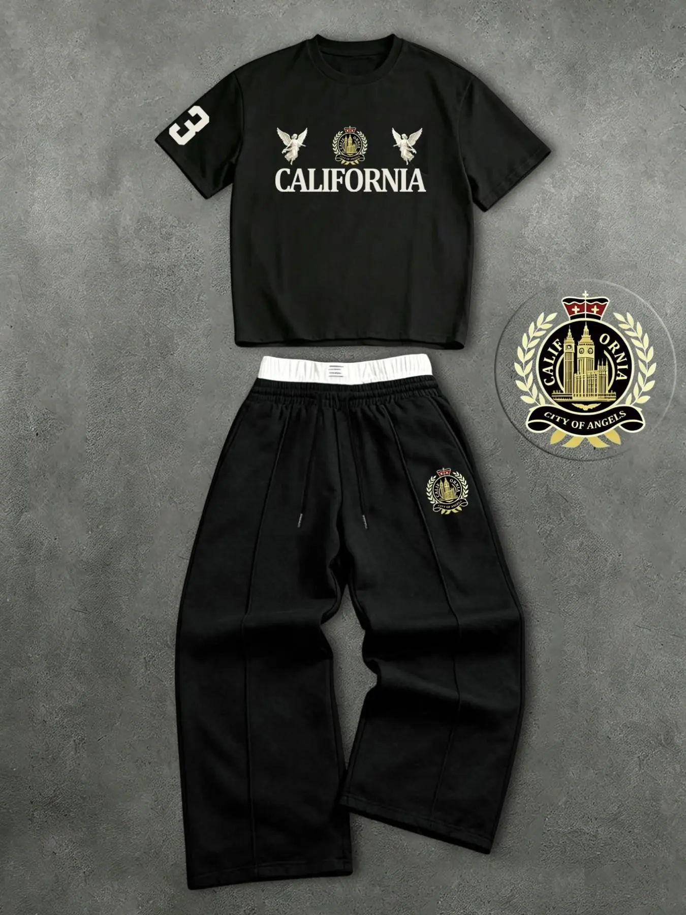 American retro California angel badge two-piece set, Y2K unisex short top + color-blocked wide-leg sweatpants, a trendy West Coast preppy style set.