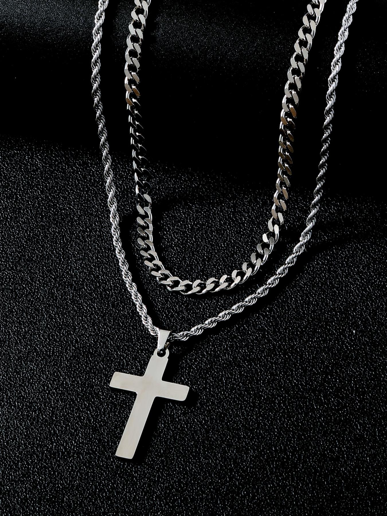 Men's Simple Style Plain Color Cross Pendant Necklace (2counts) Cross Necklaces Twist Chain Stainless Steel Jewelry for Party, Daily Clothing Decor, Trendy All-match & Exquisite Jewelry for Birthday Gift