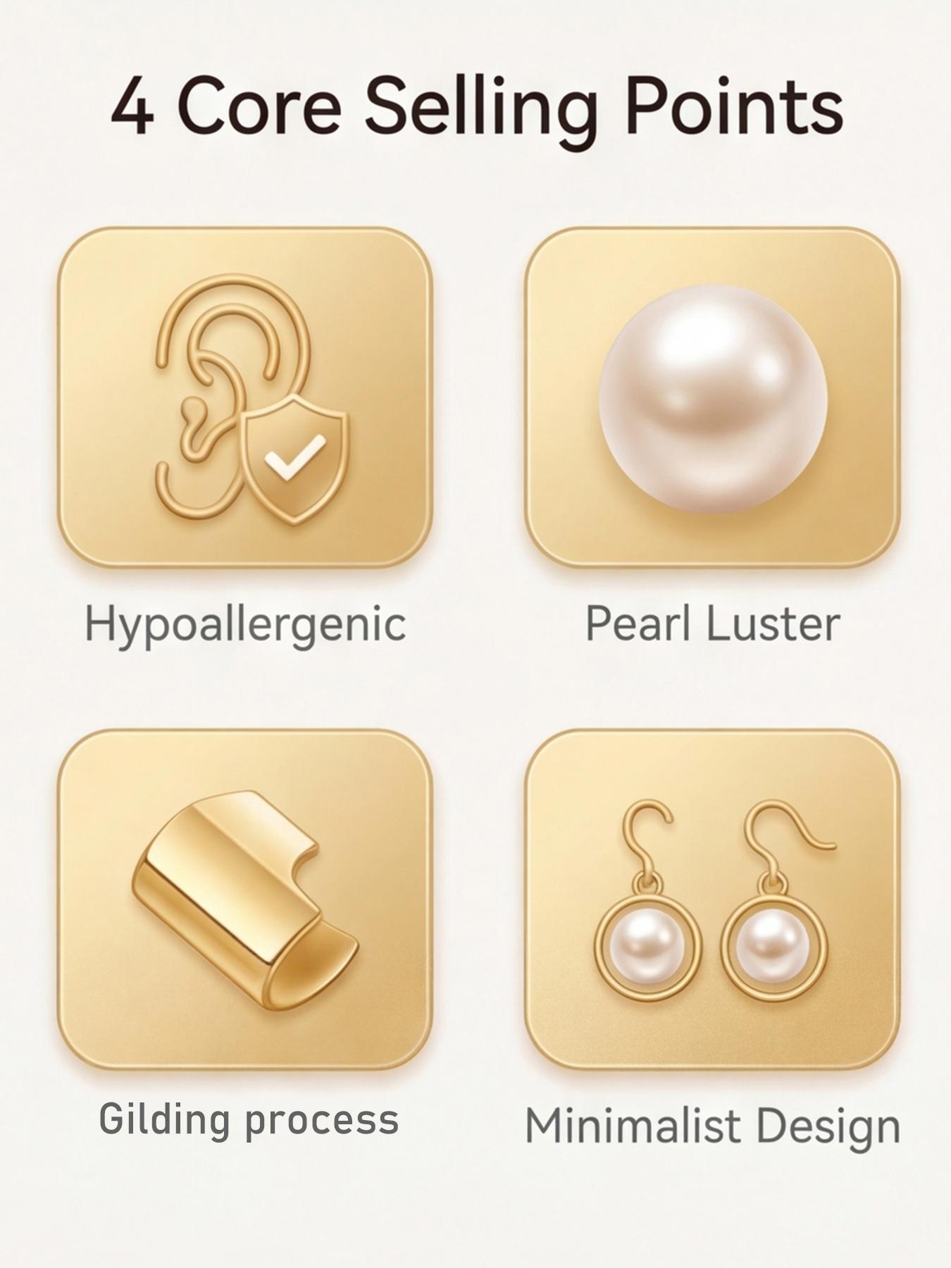 Women's Hypoallergenic Classic Champagne Pearl Stud Earrings, Gold Plated Minimalist Timeless Round Pearl Earrings, Fashion Jewelry for Everyday Wear Office & Gift