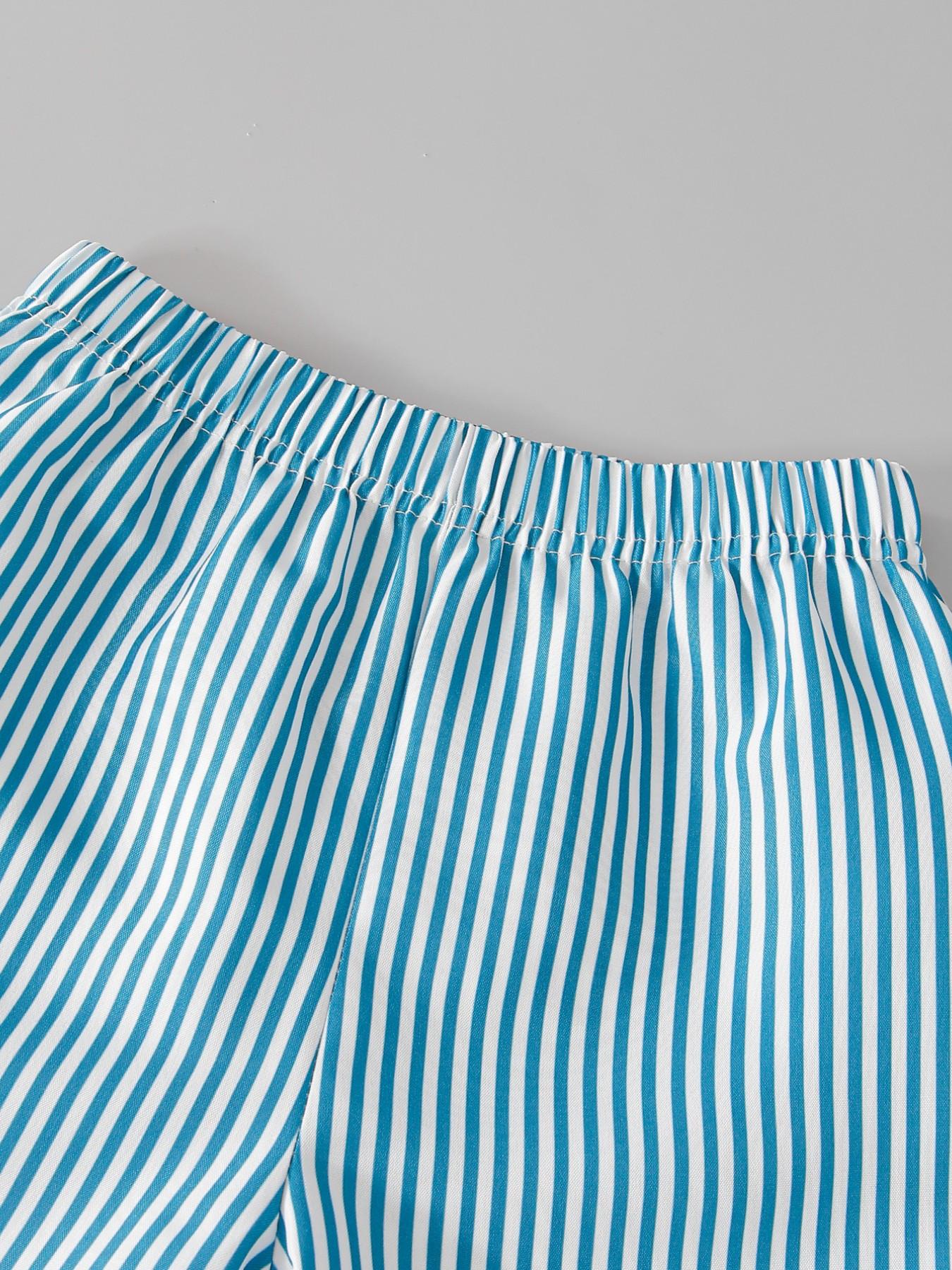 Boys' Summer Casual Set, Button Front Stand Collar Shirt, Short Sleeve with Pocket, Cute Dinosaur Print, Striped Shorts, 2-Piece Set