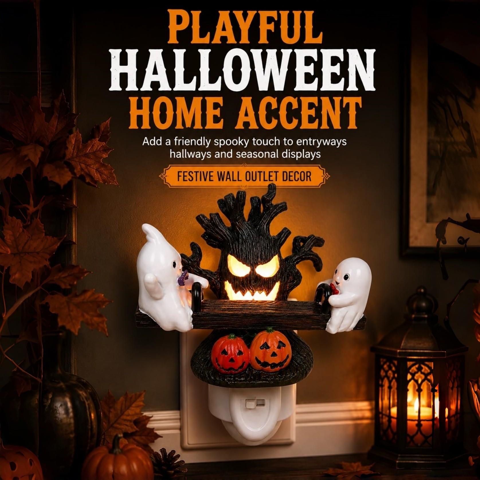 Friendly Ghosts Move up and Down for Playful Halloween Charm, Animated Seesaw Ghost Night Light, Holiday Decoration Lights, Festive Decoration, Manual Press Rocker Plug in Resin Wall Decor Glowing Tree Face Pumpkin Bedroom