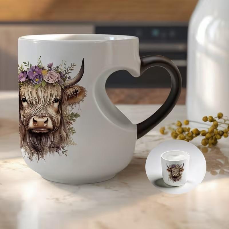 1pc Scottish Highland Cow Magical Mug with Heart-Shaped Handle & Scottish Cow Design - Ceramic Tea/ Cup, Hand Wash Only, Reusable Gift for &, Birthdays, Cartoon Themed Gifts 11oz Drinking Cup