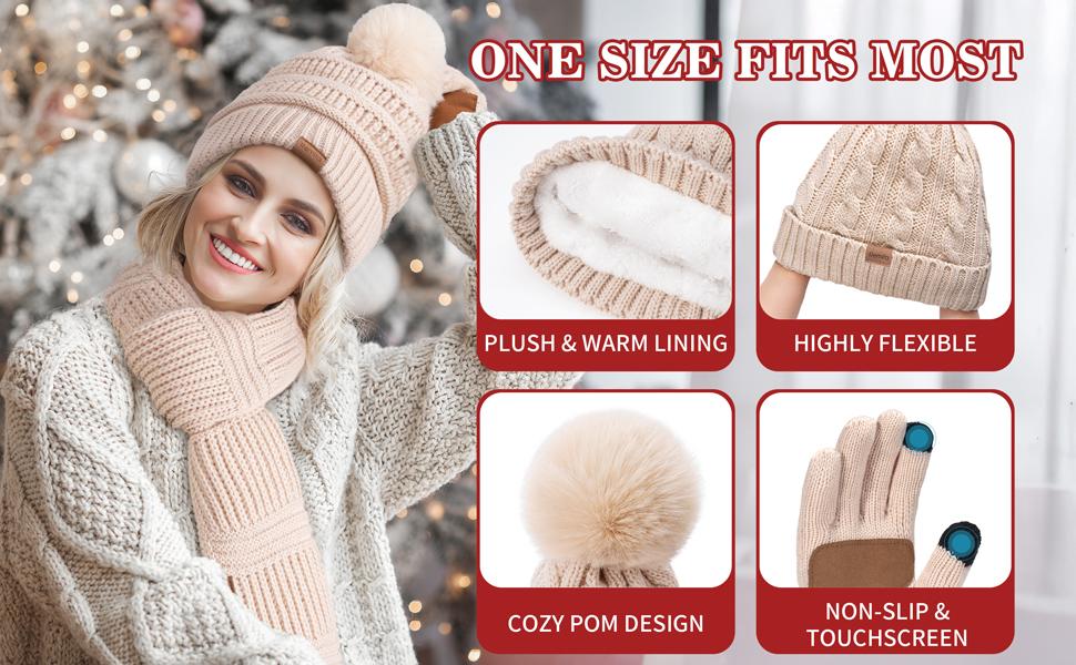 Winter Beanie Hat Scarf Touchscreen Gloves Set for Women Men, Warm Fleece Accessories Perfect 3 PCS Birthday Gift