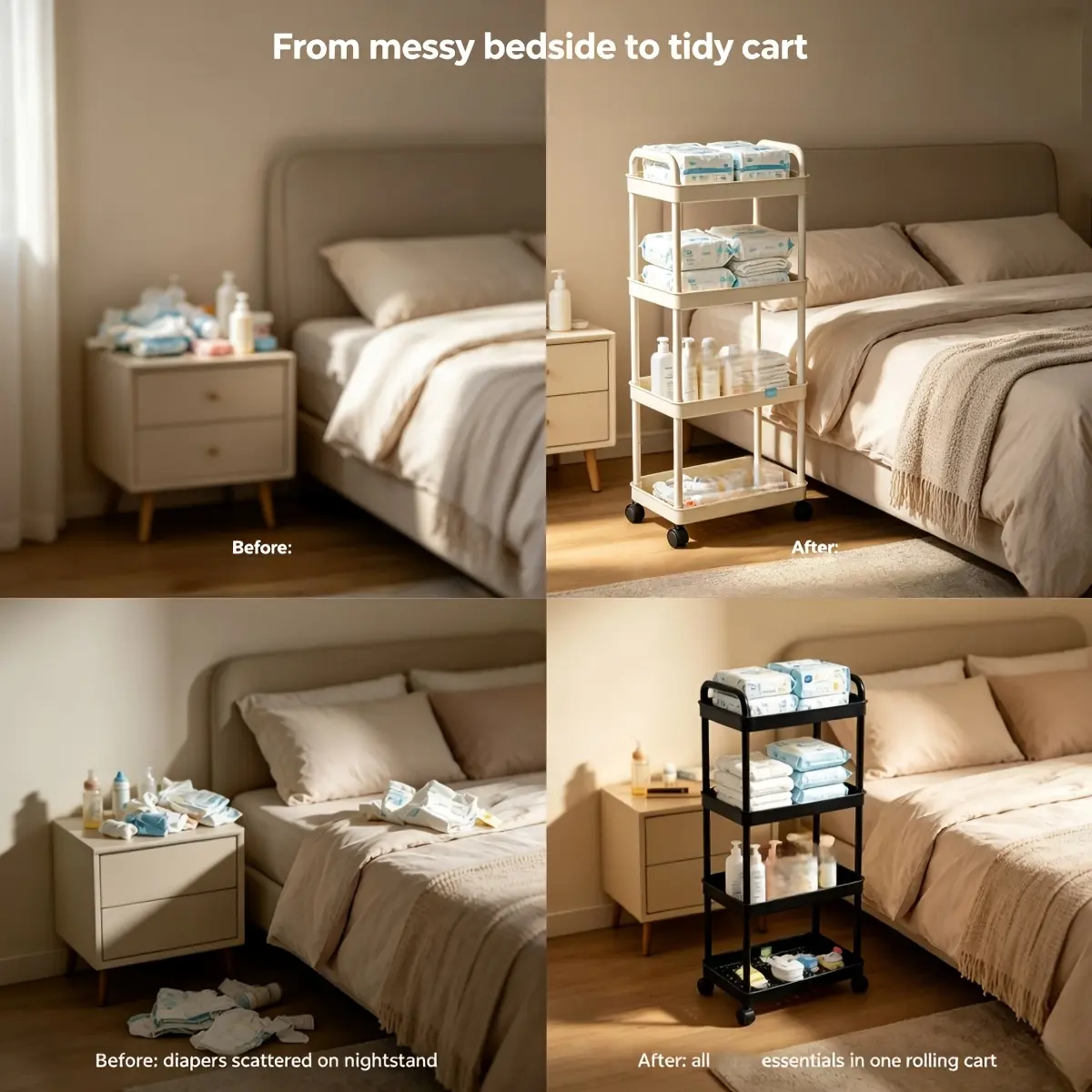 3/4/5-Tier Rolling Diaper Storage Cart with Handle And Swivel Casters, Hollow Perforated Diaper Caddy Rack, Black And White Dual Color, Space-Saving Narrow Gap Organizer for Bedroom, Bathroom to Store Diapers, Wipes And Skincare Toiletries