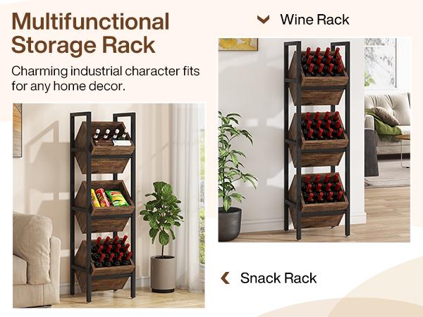 LITTLE TREE 3-Tier Basket Stand, Wooden Floor Stand Shelving Unit, Rustic Standing Organizer Storage Rack for Kitchen, Bathroom, Living Room