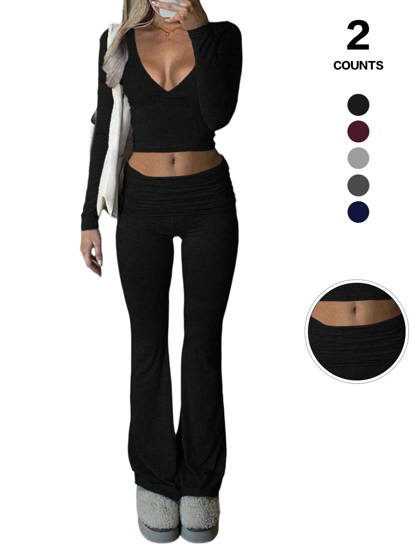 Women's 2 Piece Matching Set Long Sleeve Deep V Neck Crop Top and Foldover Flare Leggings Yoga Outfit,Women's 2 Piece Matching Set Long Sleeve Deep V Neck Crop Top and Foldover Flare Leggings Yoga Outfit Yoga Bottoms,Airport Outfit, Flare Leg Sports
