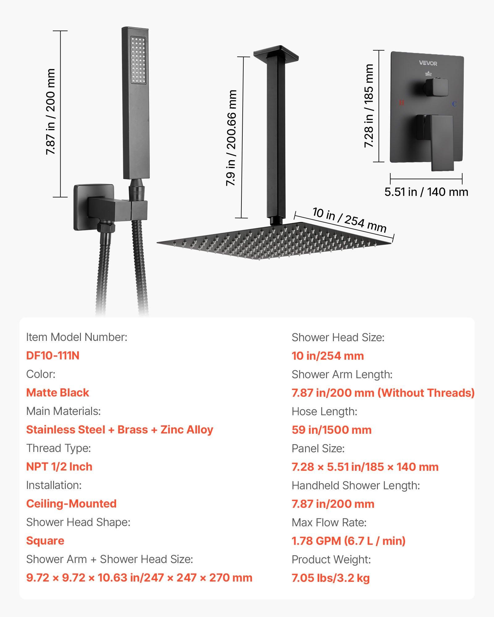 VEVOR Shower Faucet Set, Rainfall Bathroom Shower System with 10-Inch Square Rain Shower Head and Handheld Spray, Ceiling Mount Bath Fixtures with Brass Valve and Trim Kit, Matte Black
