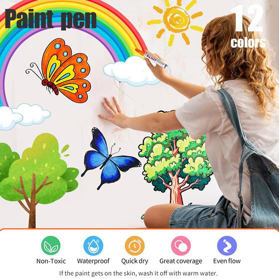 12 Color Vibrant Quick-Drying Permanent Paint Pens, Waterproof Oil-Based Markers Set for Tires Rocks Wood Glass DIY Crafts, All Surfaces Non-Fade