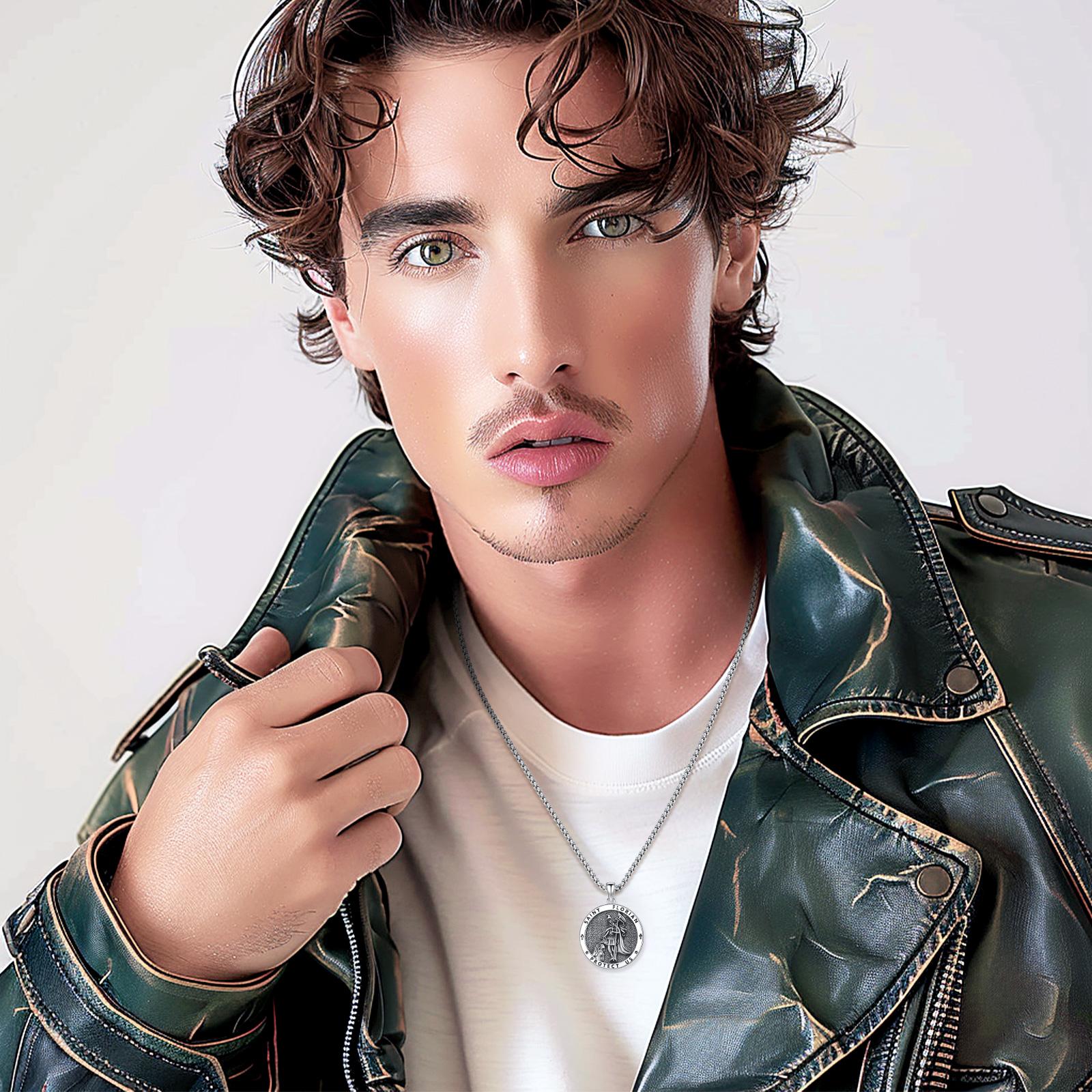 Thanches St. Florian Firefighter Necklace 925 Sterling Silver Pendant for Men Women Amulet Jewelry Gift for Protection Patron Saint of Firefighters Symbolise Courage Safety Gift