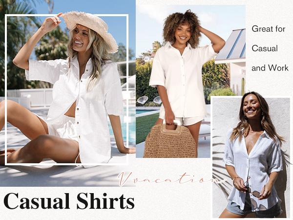 Linen Shirts for Women Cotton Button Down Short Sleeve Loose Fit Collared Casual Work Summer Blouse Tops Basic Lady Breathable Essential Fabric Fashion Formal Beach Cover