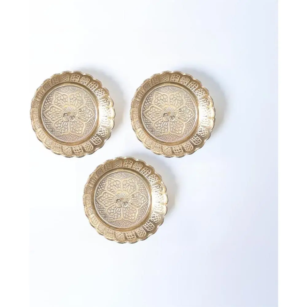 Solid Brass Decorative Nakshi Plate Set for Puja, Decoration & Diwali Gifting (Small 7 cm, Pack of 3, Solid Brass)