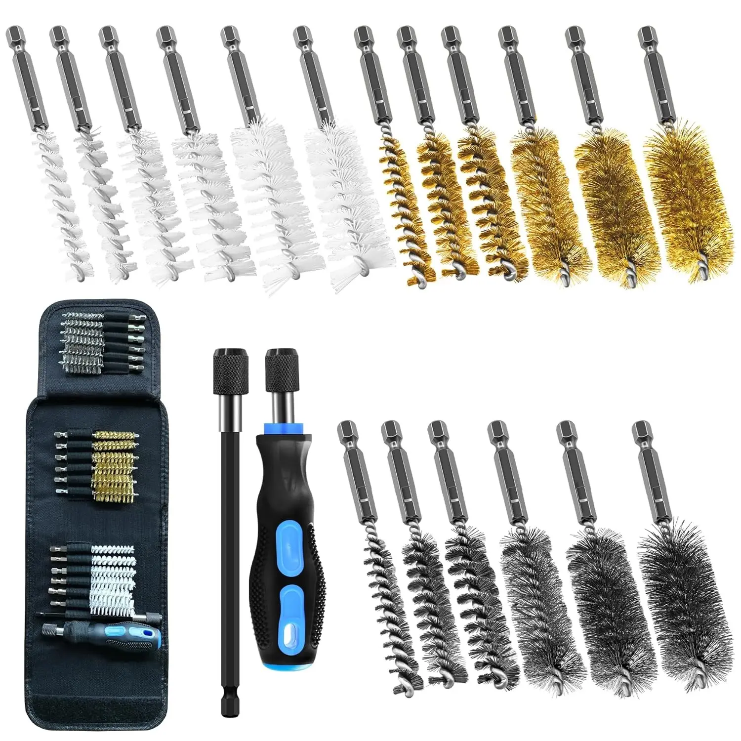 18Pcs Wire Brush Drill Attachments Set, Nylon Brass Stainless Steel Bore Cleaning Brush for Power Drill Impact Driver, Abrasive Brushes with 1/4" Hex Shank and Tool Bag