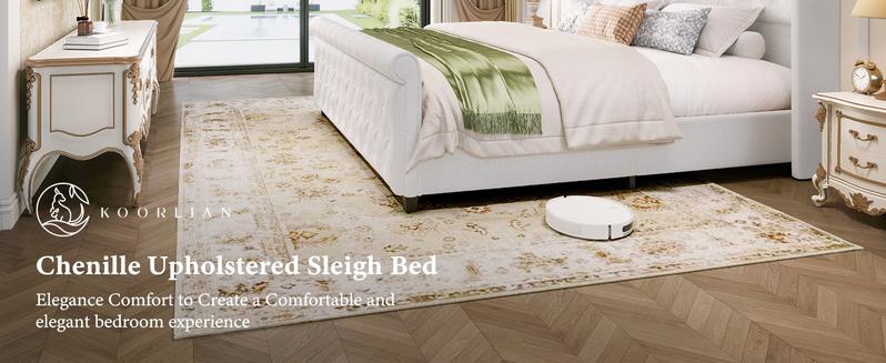 Queen King Size Chenille Upholstered Bed Frame, Sleigh Platform Bed Frames with 51" Tall Wingback Headboard & 27" Scroll Footboard, Button Tufted/No Box Spring Required/Wood Slats Support/Cream