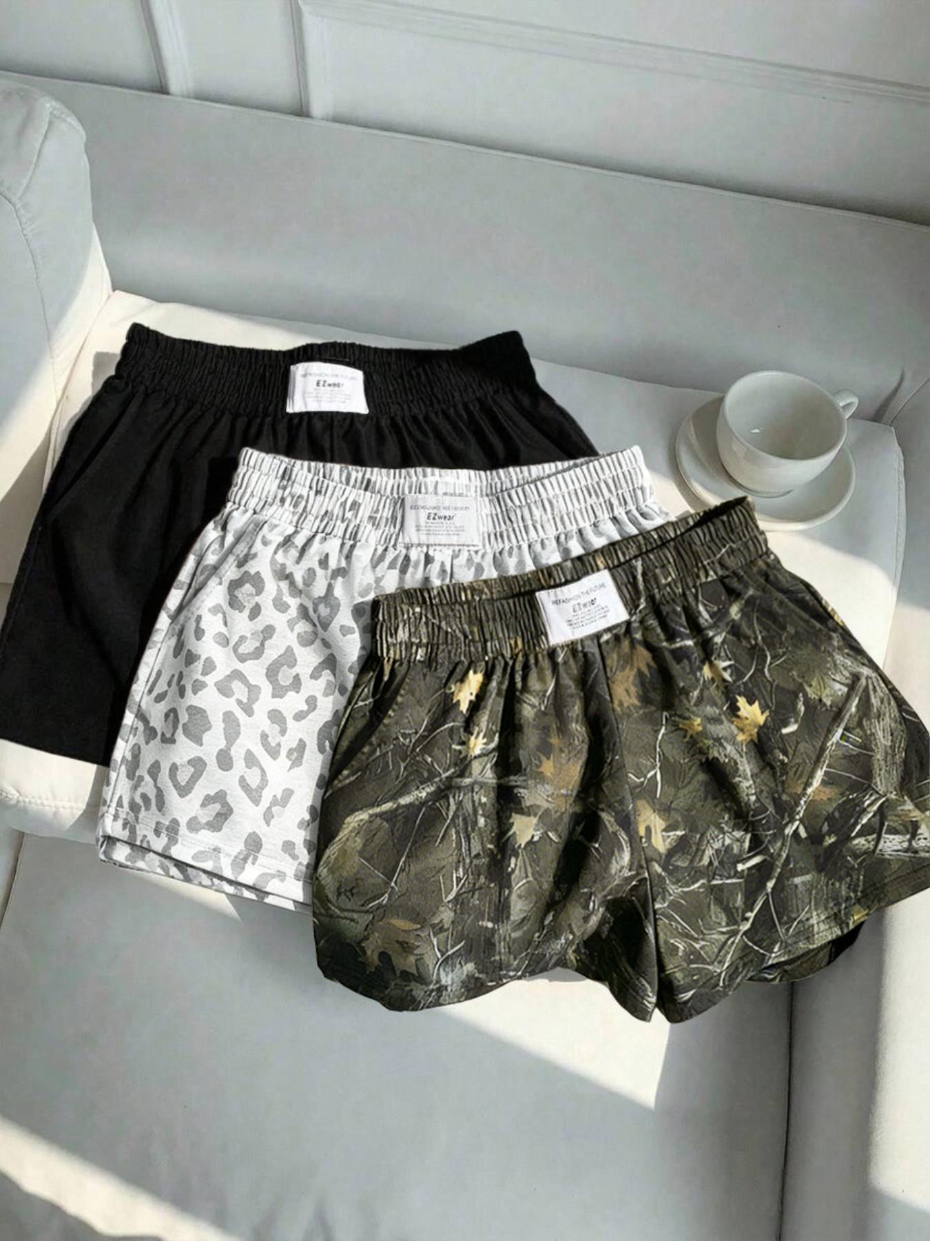 3-Pack Women's Summer Solid + Camo Tree Pattern + Leopard Print Logo Side Pocket Loose Sporty Shorts, Elastic Waist Design, Essential Shorts for Casual Outdoor Wear, Sports Fitness, and Street Style Outfits
