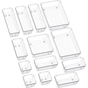 13-Piece Drawer Organizers with Non-Slip Silicone Pads, 5-Size Desk Bathroom Drawer Organizer Trays Storage Tray for Makeup, Jewelries, Utensils in Bedroom Dresser, Office and Kitchen, Clear