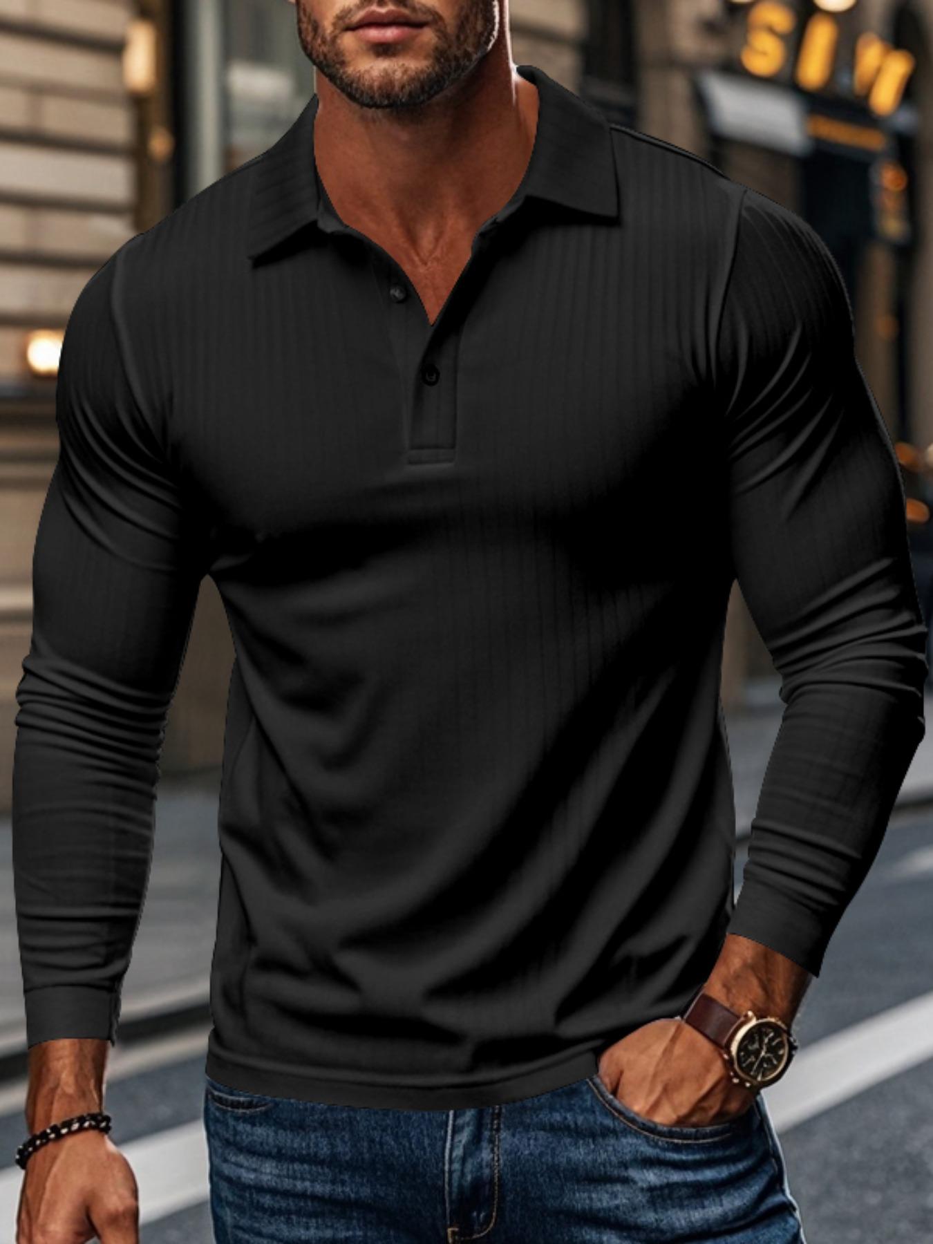 Men's Ribbed Texture Long Sleeve Polo Shirt, Comfortable Fit for Daily Wear, Stylish Design Suitable for Work & Leisure