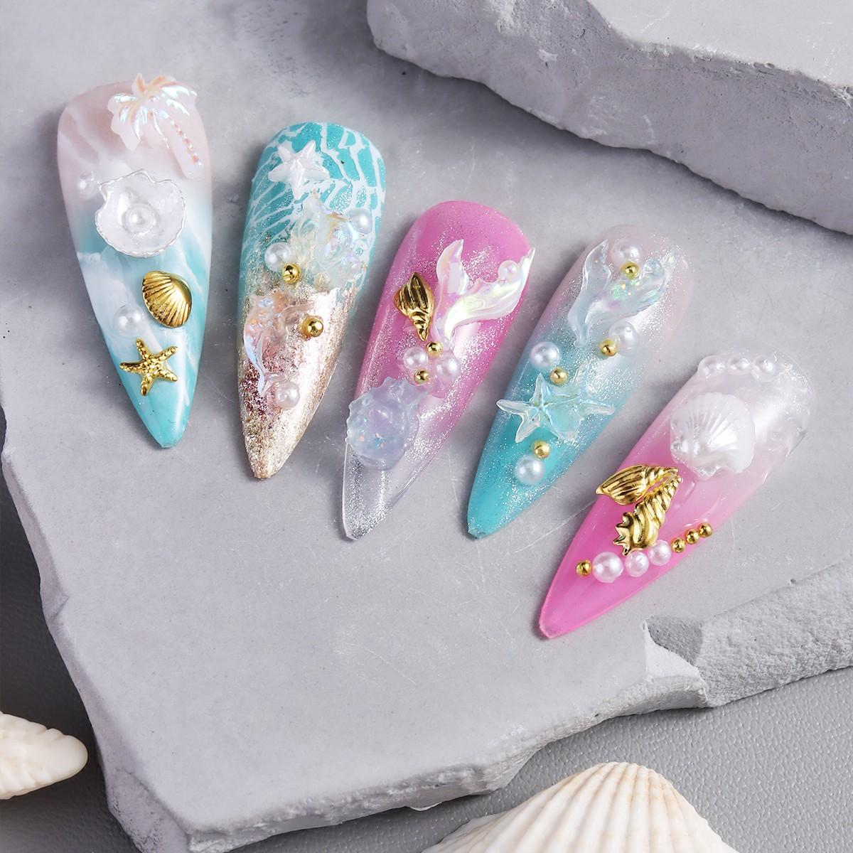 3D Summer Beach Nail Art Set, Rivets, Ocean Shells, Starfish, Mermaid Tail, Coconut Tree, Pearl & Gem Pendants, Y2K Kawaii Style