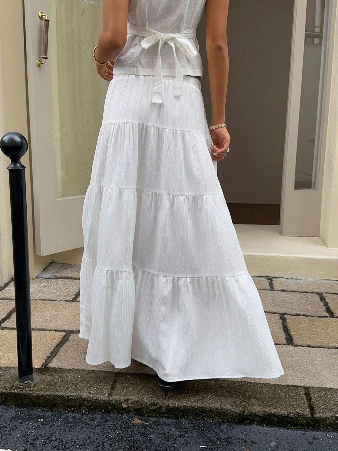 Women's Textured White Ruffled Maxi Skirt, Boho Elastic Waist Tiered Long Skirt For Summer Outings & Casual Fashion