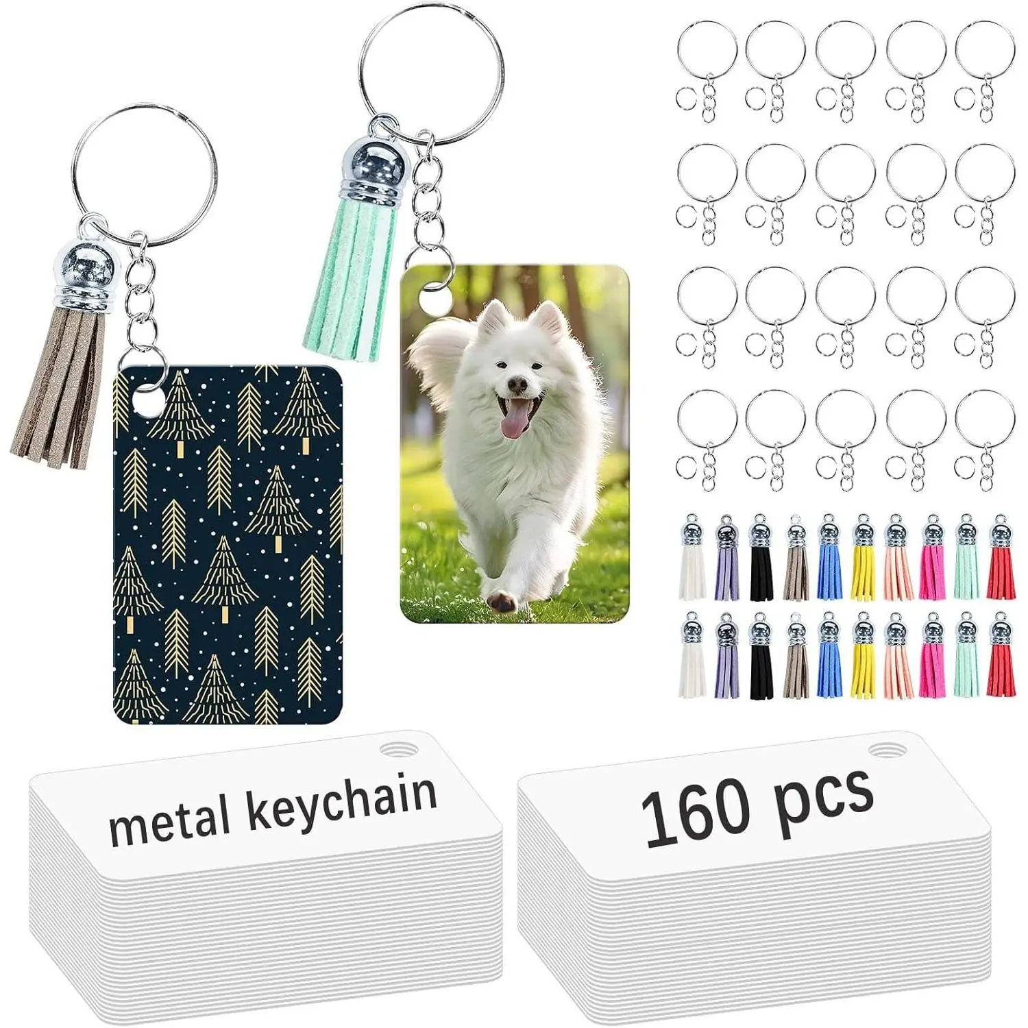 160 Pcs Metal Double Sided Sublimation Keychain Blanks Bulk, Heat Transfer Blank Keychains with Tassels, Sublimation Ornament Key Chain Blanks(Gift)